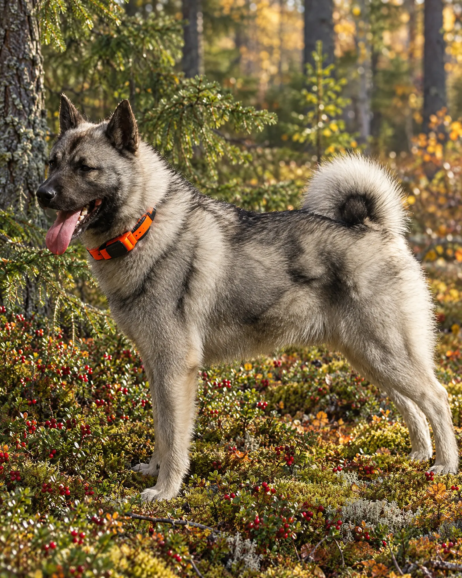 Grå spetshund med orange halsband i höstskog bland lingonris