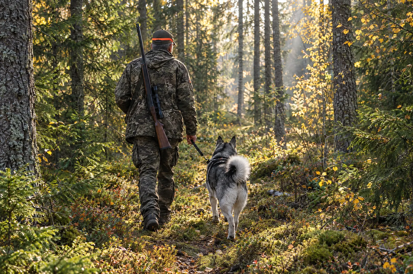 Jägare med hund i koppel på en stig i höstskogen