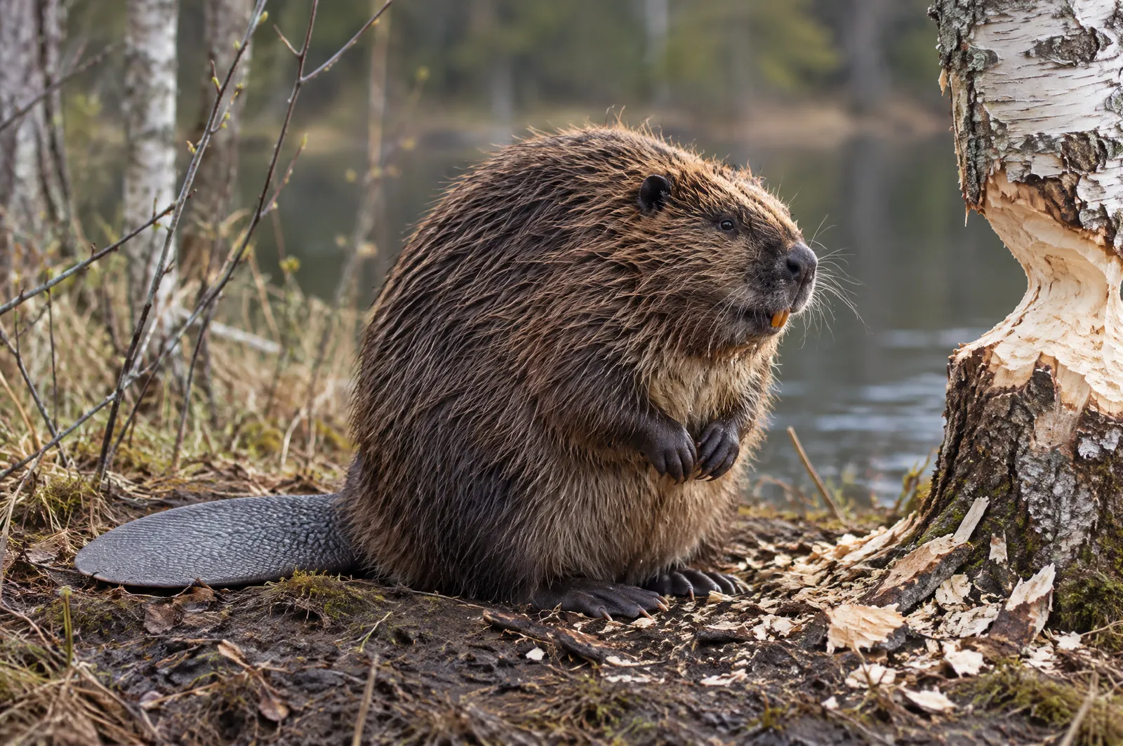 Bäver med platt fjällig svans vid en sjökant bredvid en gnagd björk