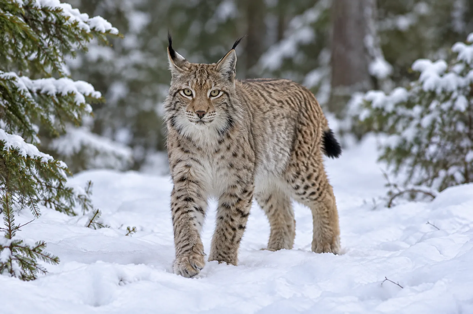 Lodjur med svarta örontofsar och kort svans med svart spets i en snöig granskog