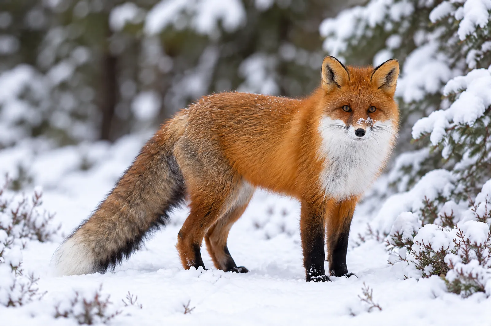 Rödräv i vinterpäls med vit svanstipp och svarta ben i snön vid en granskog